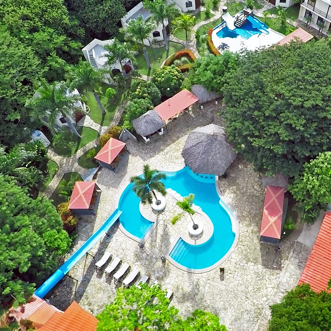 Aerial view of the Surf Ranch pools and cabanas
