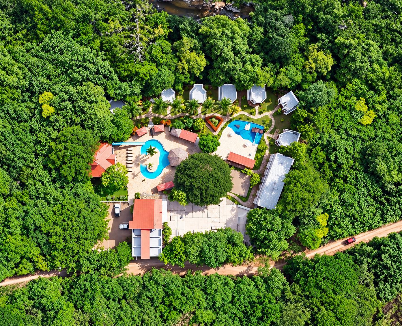 Aerial overview of Surf Ranch with numbered poolside seating