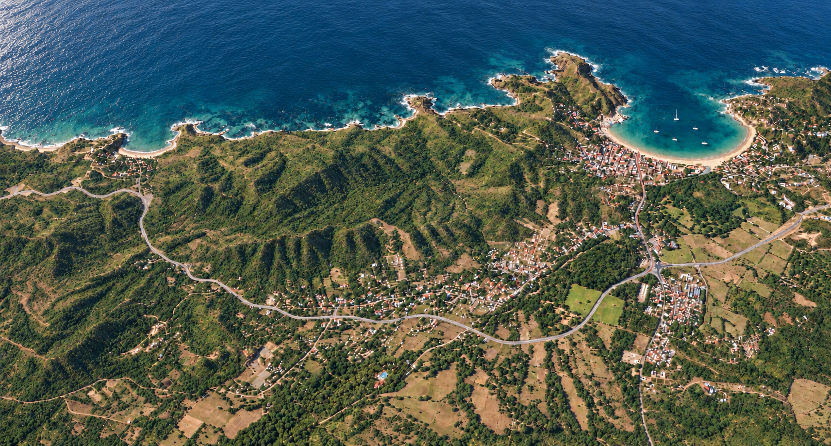 Illustrated aerial view with Playa Remanso on the left, San Juan del Sur bay on the right, and Surf Ranch inland at the jungle’s edge.